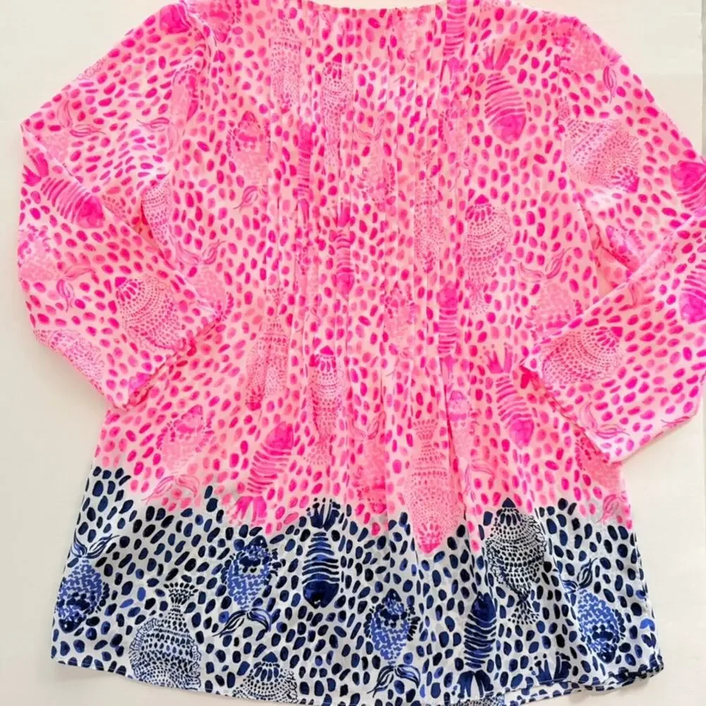 Lilly Pulitzer Marilina Tunic Top Size Medium Neon Raz Pink Blue Fish Print - Picture 7 of 7